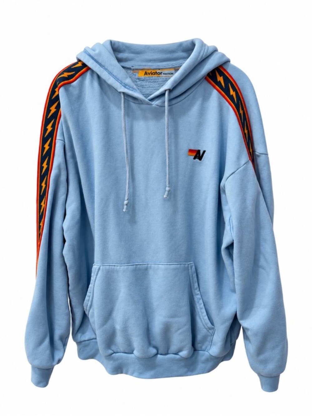Aviator Nation Sky Blue Hoodie with Orange & Navy Lightning Trim